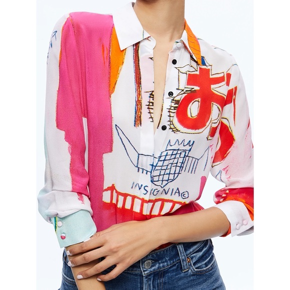 Alice + Olivia Willa Basquiat Pink Red Multi Placket Top - Picture 5 of 13